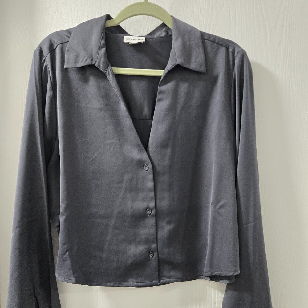 Gray Silky Slightly Cropped Button Up Blouse